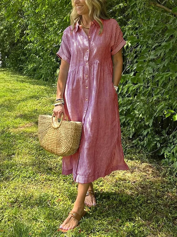Hazel | Striped Midi Shirt Dress with Buttons