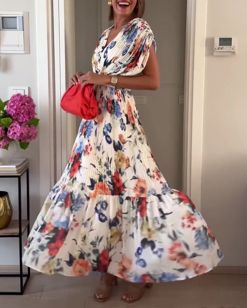 Eliza | Floral Pleated Maxi Dress with V Neck