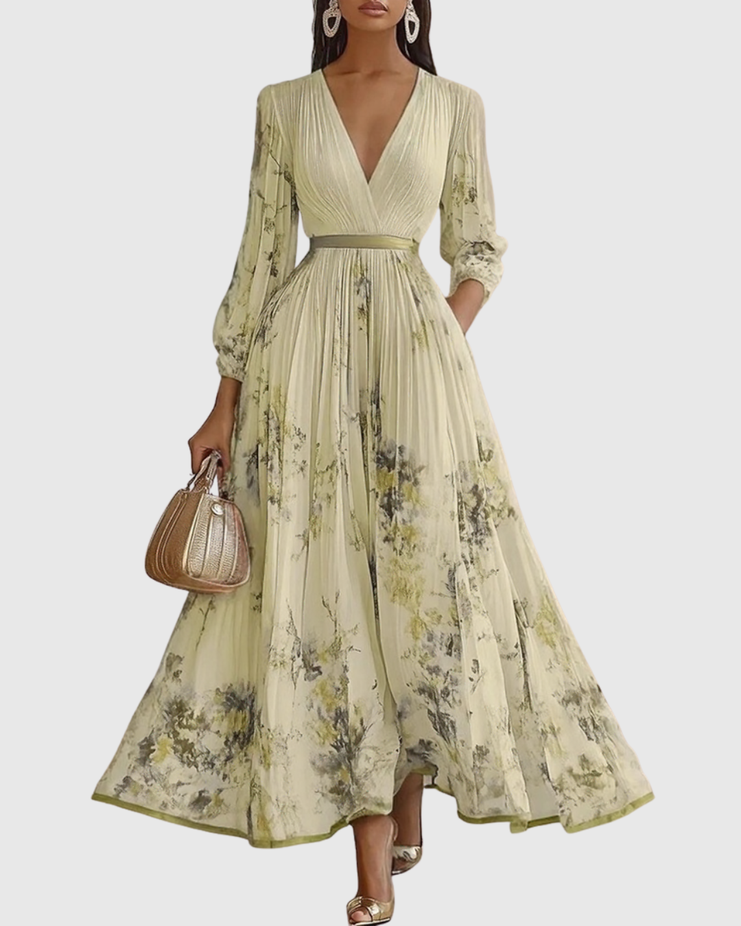 Delphina | V-Neck Pleated Floral Maxi Dress