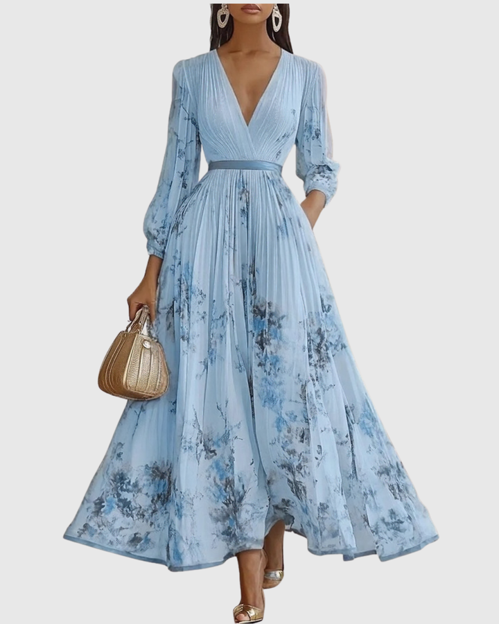 Delphina | V-Neck Pleated Floral Maxi Dress