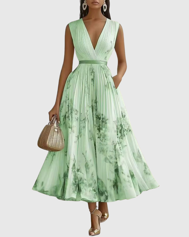 Delphina | V-Neck Pleated Floral Maxi Dress