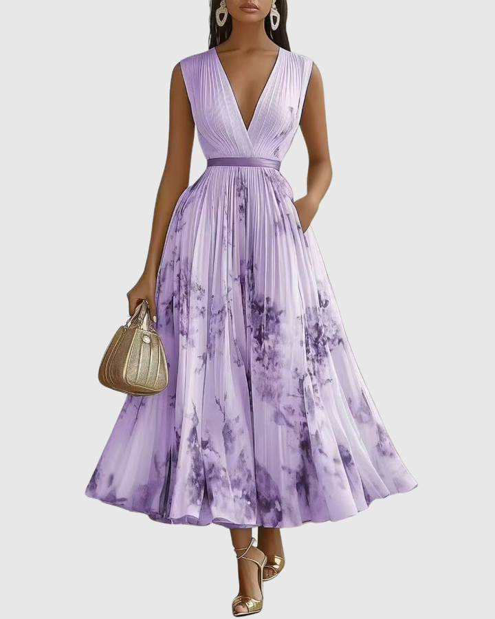 Delphina | V-Neck Pleated Floral Maxi Dress