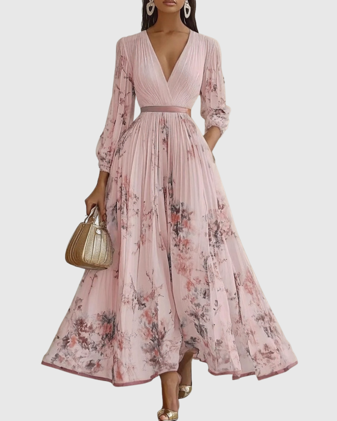 Delphina | V-Neck Pleated Floral Maxi Dress