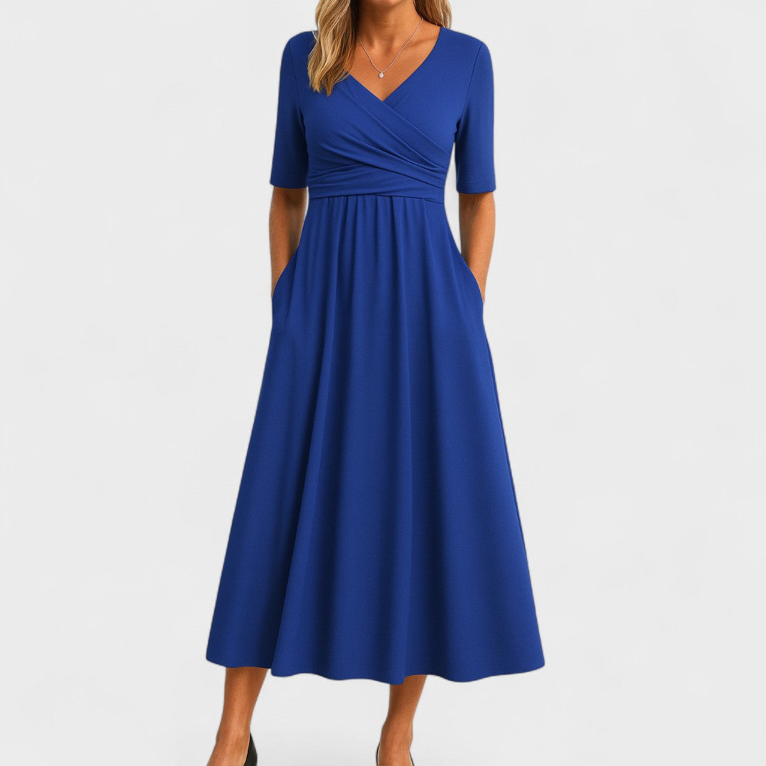 Beatrisa | Women's V-Neck Midi Dress with Pockets