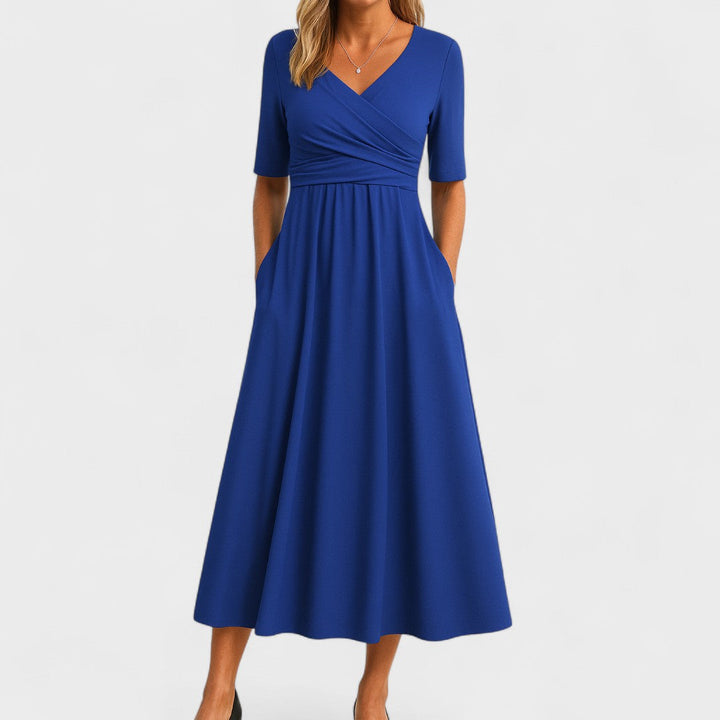 Beatrisa | Women's V-Neck Midi Dress with Pockets