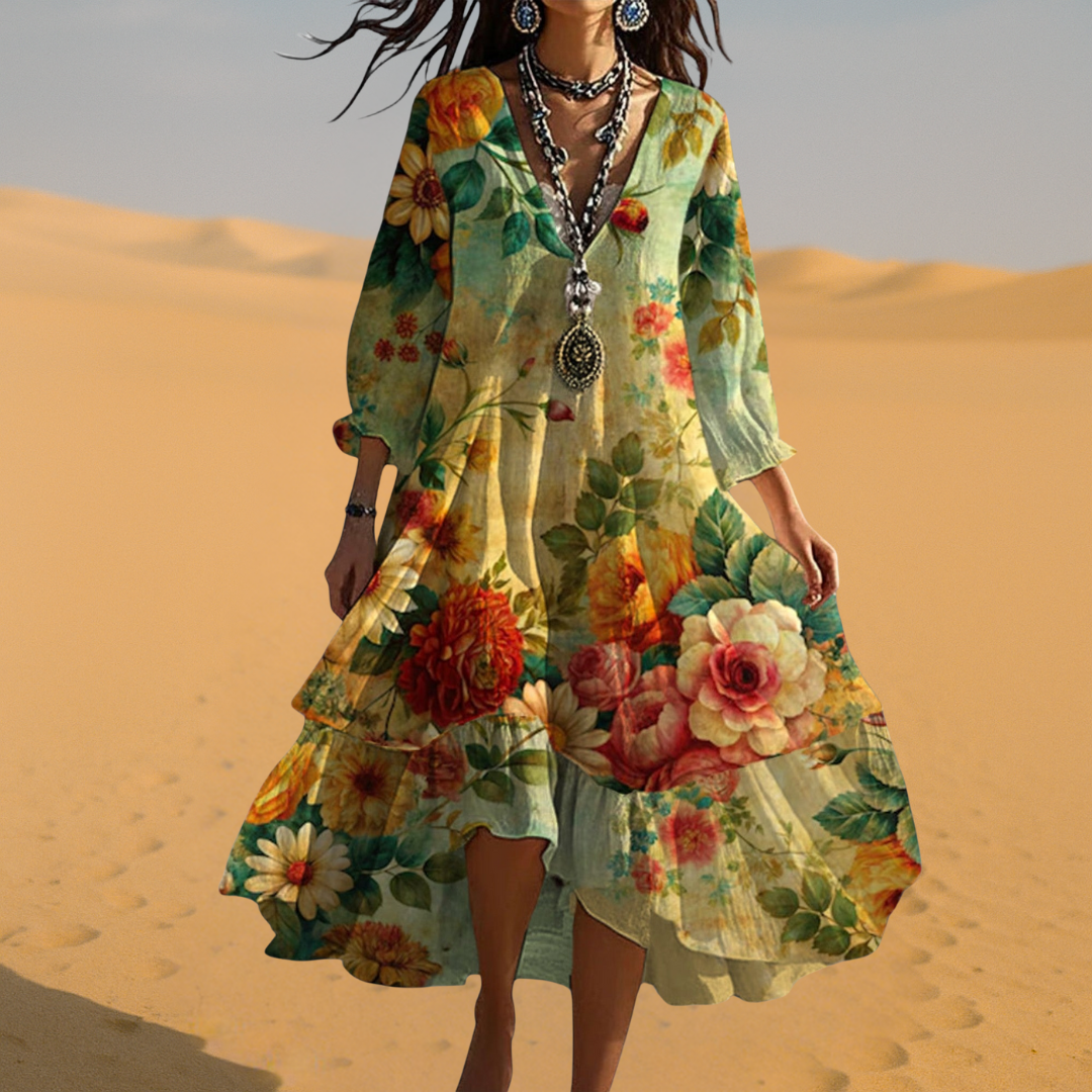 Sienna | Boho Floral Midi Dress with Tiered Hem