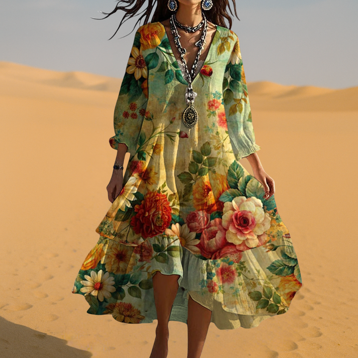 Sienna | Boho Floral Midi Dress with Tiered Hem