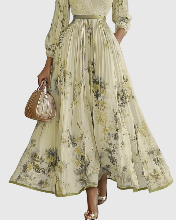 Delphina | V-Neck Pleated Floral Maxi Dress