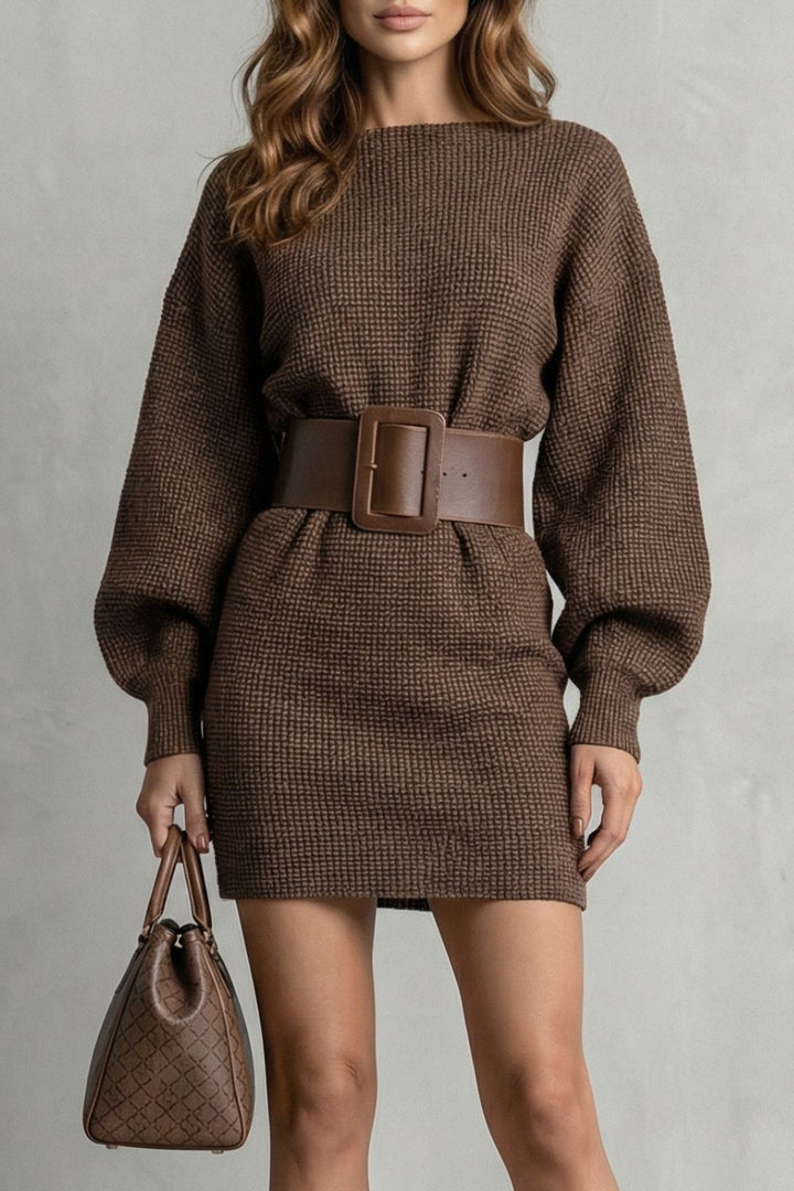 Audrey | Knit Mini Dress with Balloon Sleeves and Belt