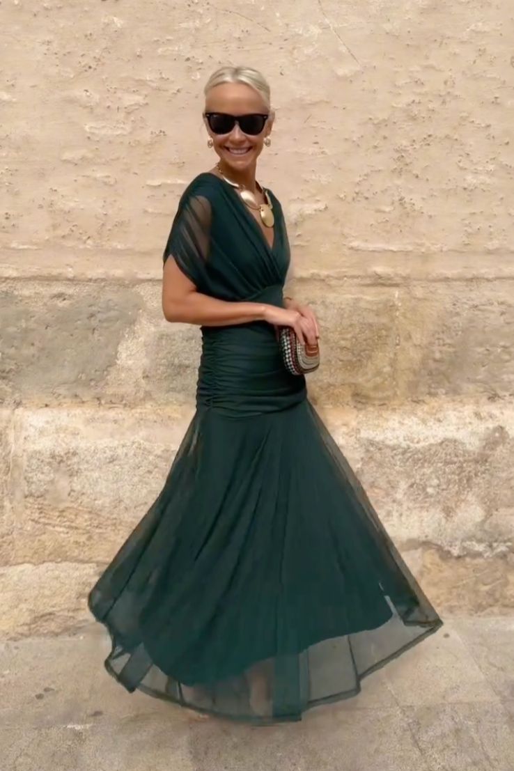 Celeste | Pleated V-Neck Maxi Dress