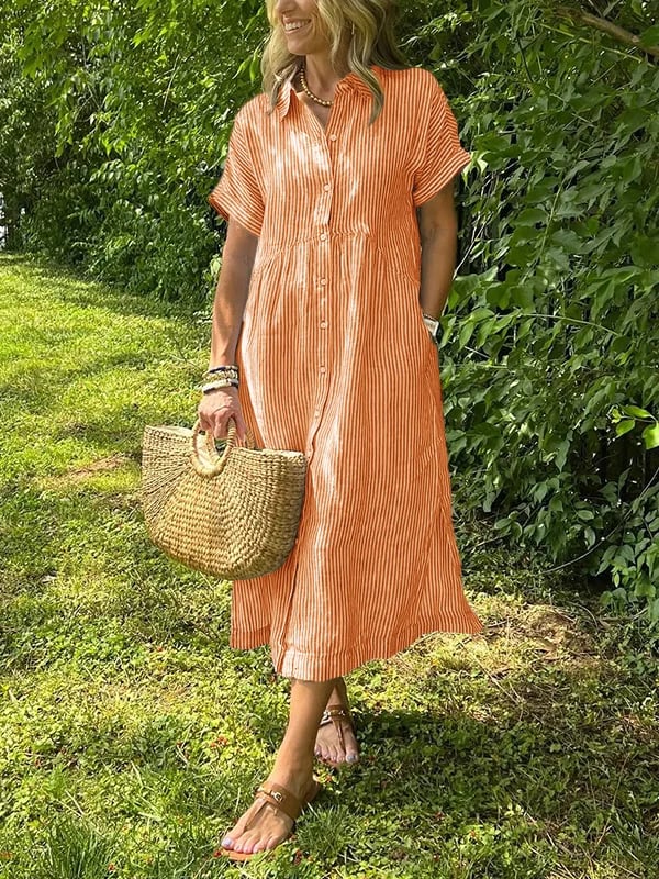 Hazel | Striped Midi Shirt Dress with Buttons