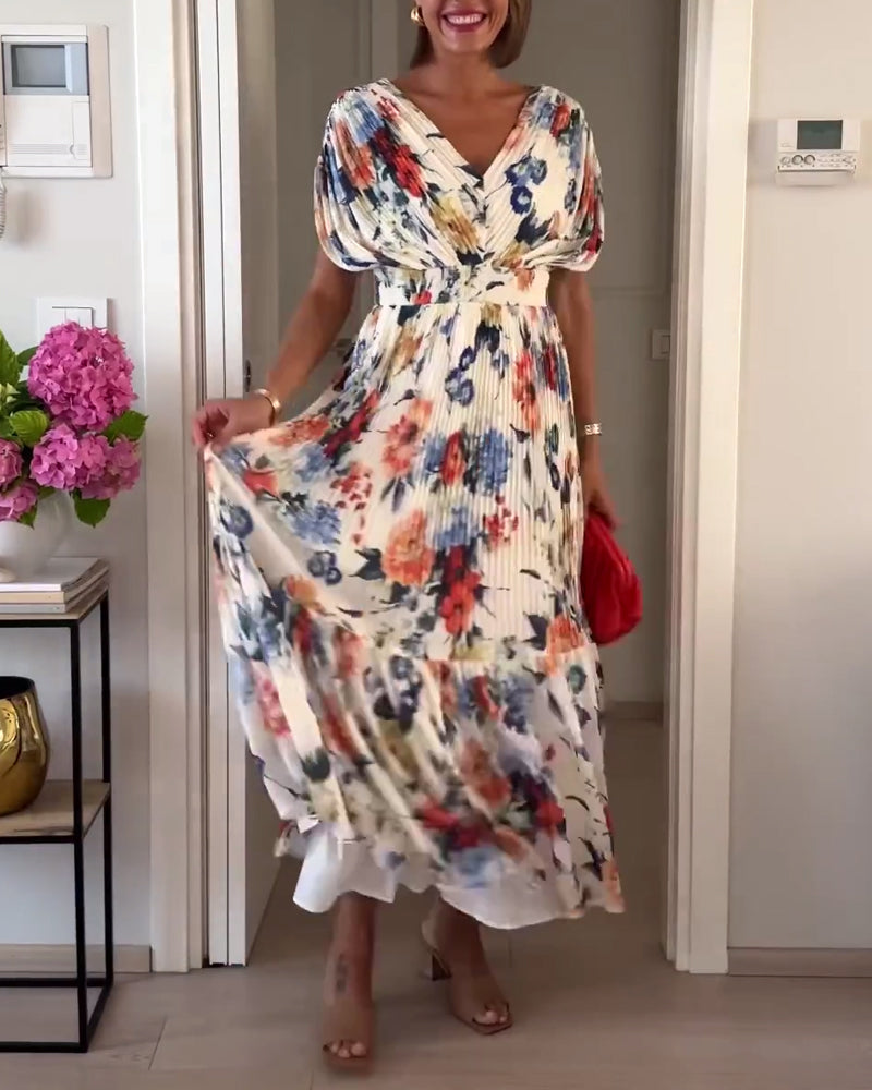 Eliza | Floral Pleated Maxi Dress with V Neck