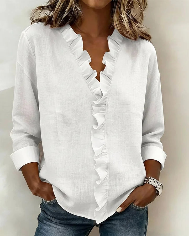 Charlotte | V Neck Long Sleeve Blouse with Ruffle Detail