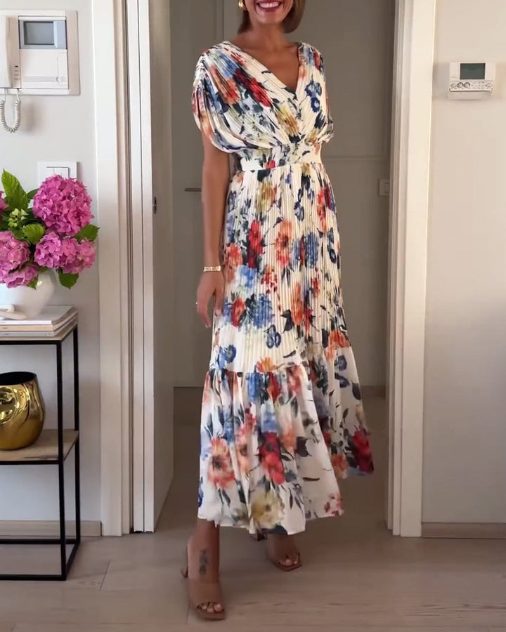 Eliza | Floral Pleated Maxi Dress with V Neck