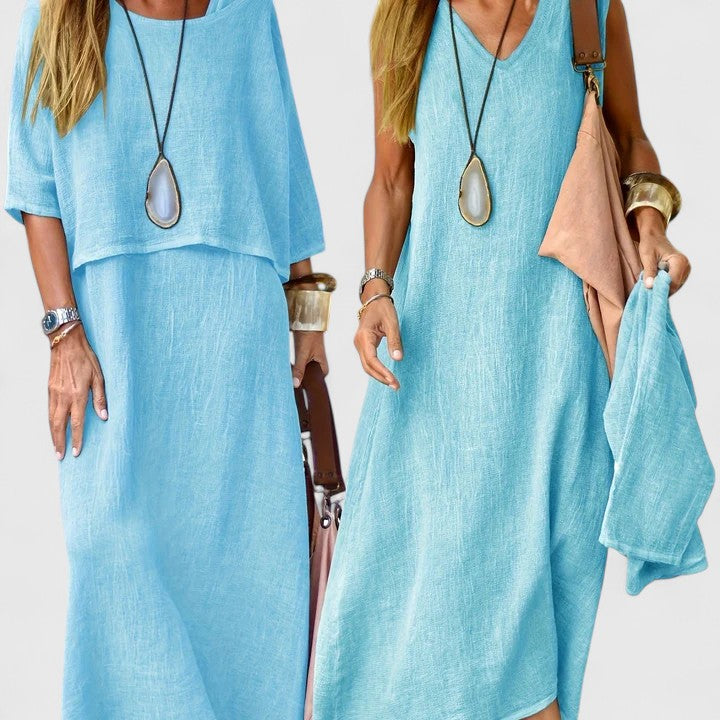 Margaret | Women's Layered Midi Dress with Short Sleeves