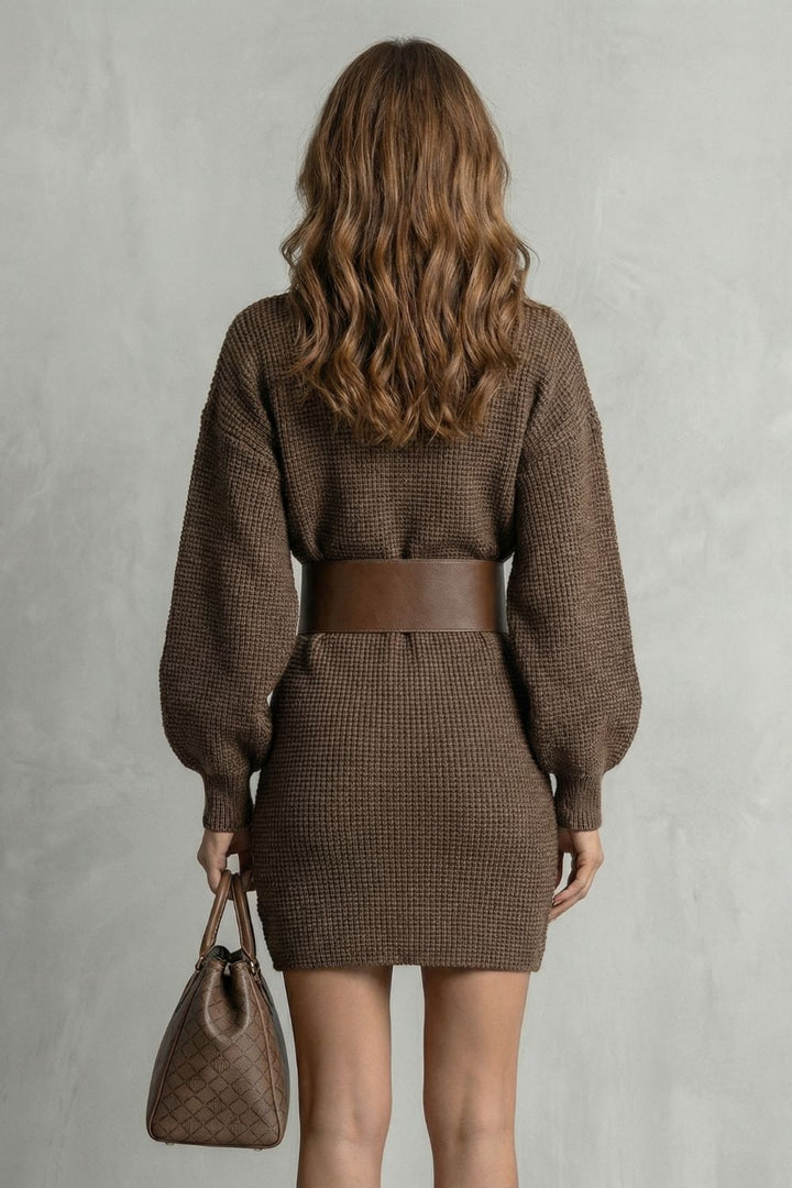 Audrey | Knit Mini Dress with Balloon Sleeves and Belt