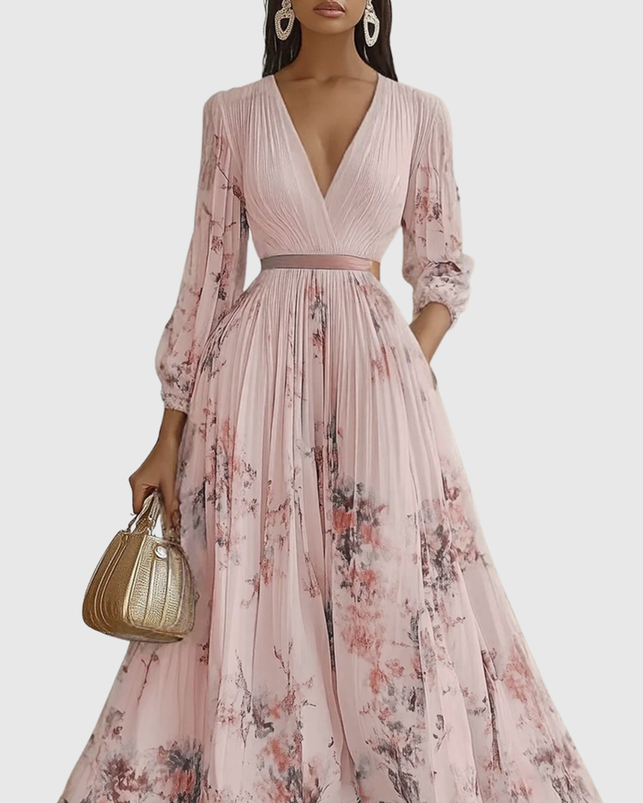 Delphina | V-Neck Pleated Floral Maxi Dress