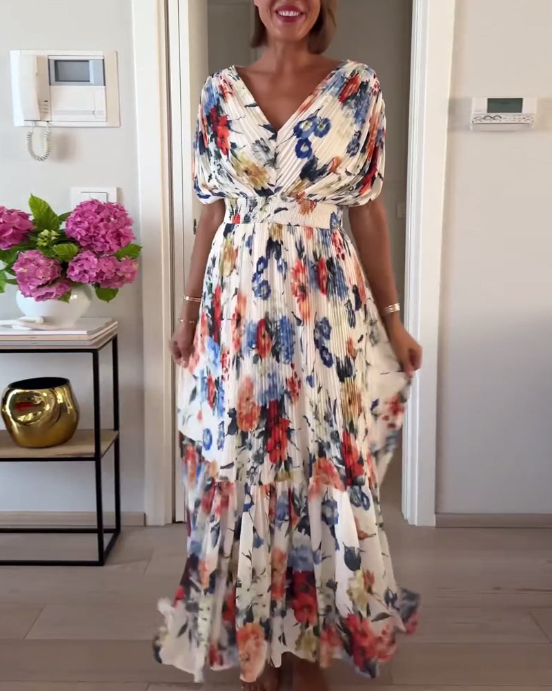 Eliza | Floral Pleated Maxi Dress with V Neck