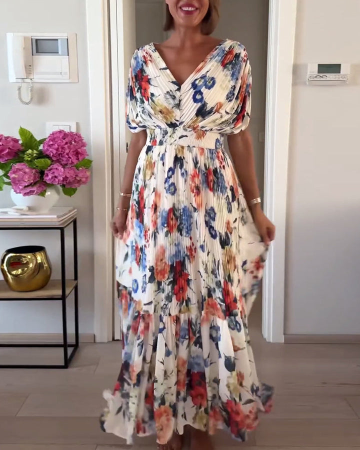 Eliza | Floral Pleated Maxi Dress with V Neck