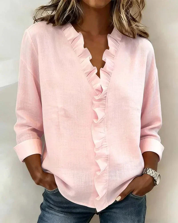 Charlotte | V Neck Long Sleeve Blouse with Ruffle Detail