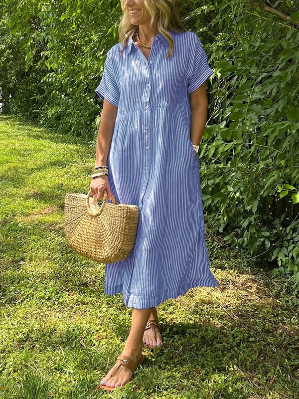 Hazel | Striped Midi Shirt Dress with Buttons