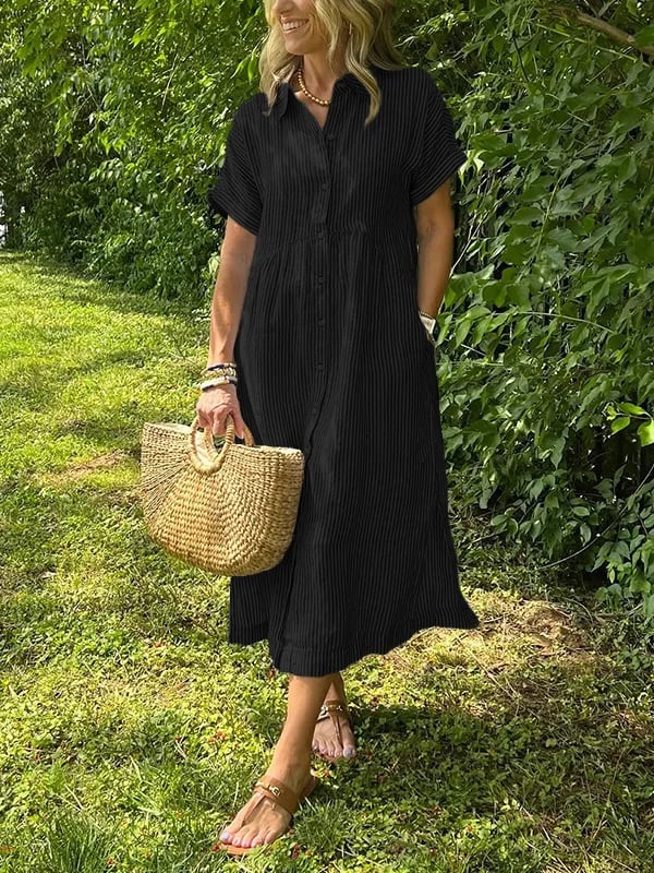 Hazel | Striped Midi Shirt Dress with Buttons