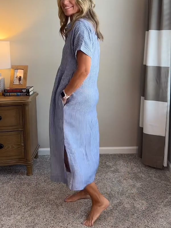 Hazel | Striped Midi Shirt Dress with Buttons