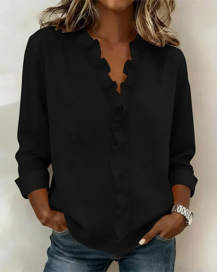 Charlotte | V Neck Long Sleeve Blouse with Ruffle Detail