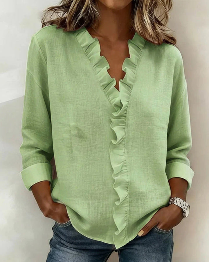 Charlotte | V Neck Long Sleeve Blouse with Ruffle Detail