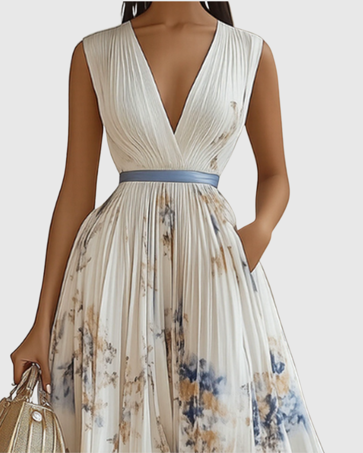 Delphina | V-Neck Pleated Floral Maxi Dress