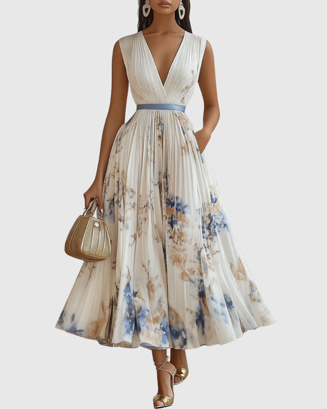 Delphina | V-Neck Pleated Floral Maxi Dress