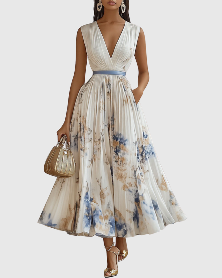 Delphina | V-Neck Pleated Floral Maxi Dress