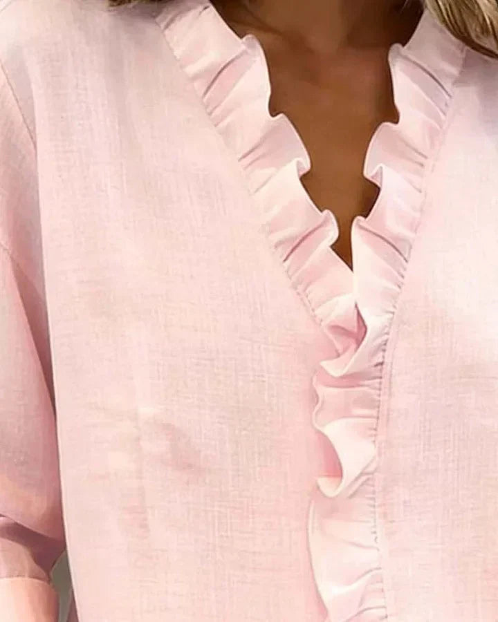 Charlotte | V Neck Long Sleeve Blouse with Ruffle Detail