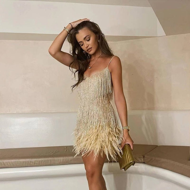 Camila | Cocktail Mini Dress with Feather Detail