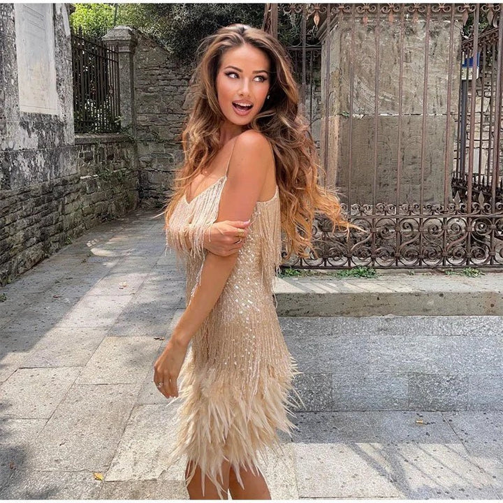 Camila | Cocktail Mini Dress with Feather Detail