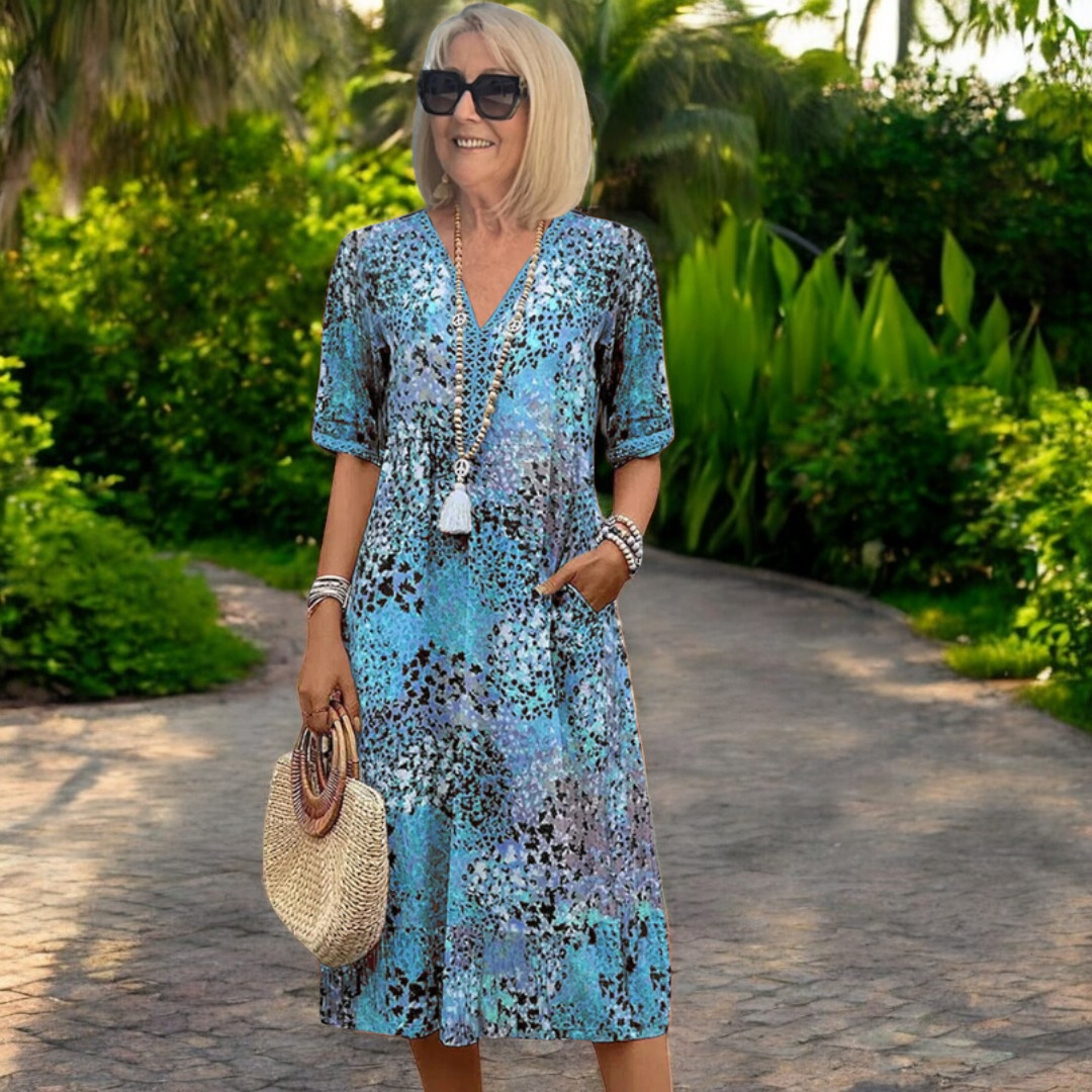 Daphne | Floral Midi Dress with V Neck and Pockets