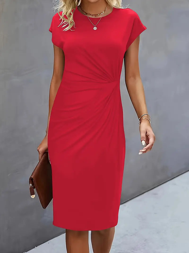 Lillian | Round Neck Midi Dress with Side Ruching
