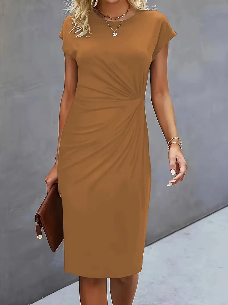 Lillian | Round Neck Midi Dress with Side Ruching