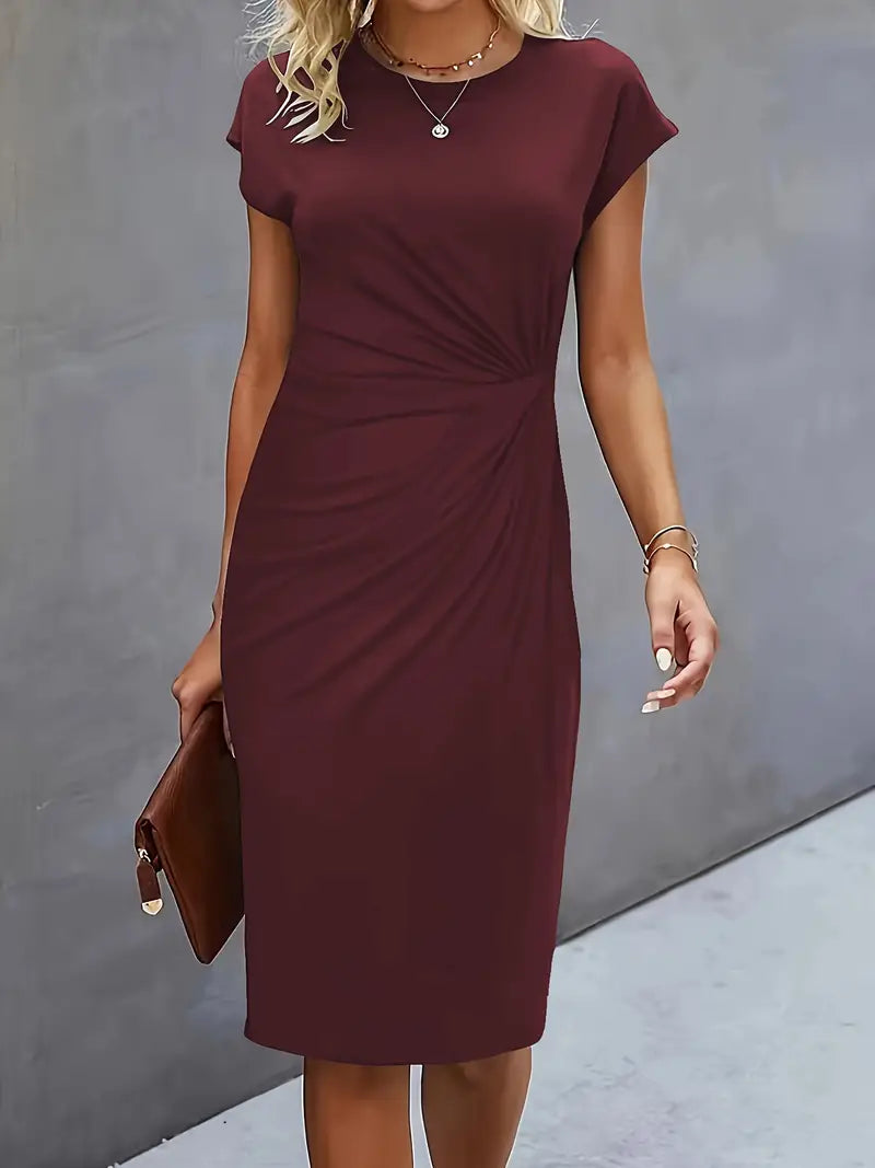 Lillian | Round Neck Midi Dress with Side Ruching