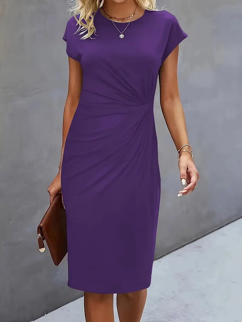 Lillian | Round Neck Midi Dress with Side Ruching