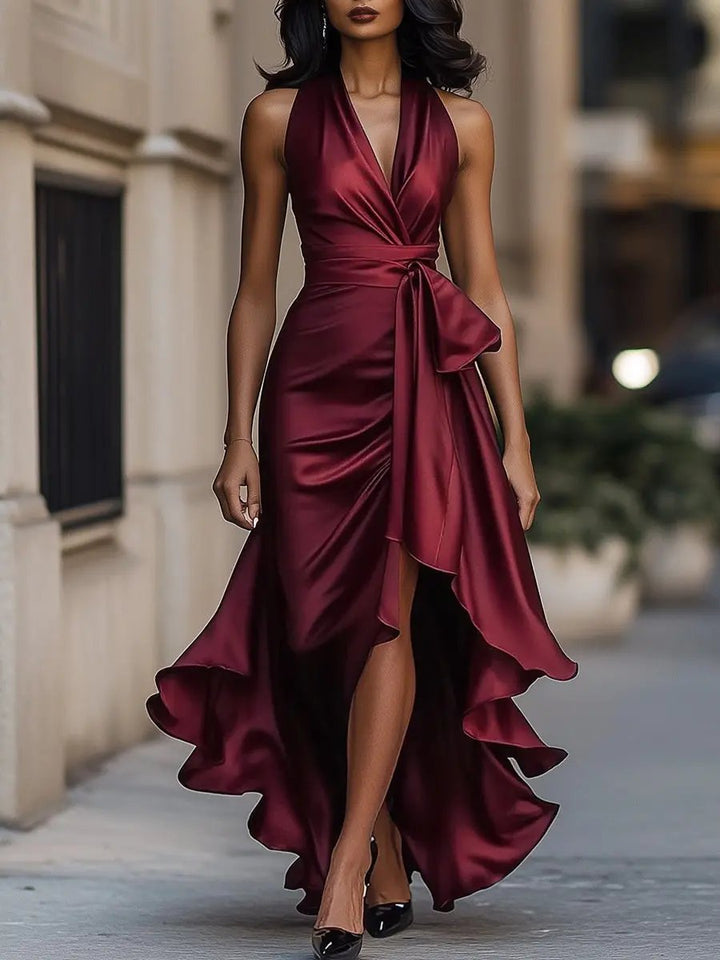 Vivienne | Halter Wrap Evening Dress with High Low Hem