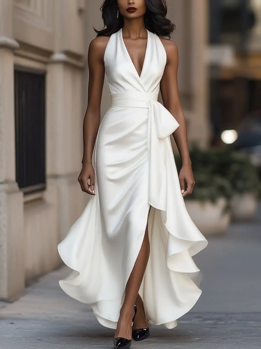 Vivienne | Halter Wrap Evening Dress with High Low Hem