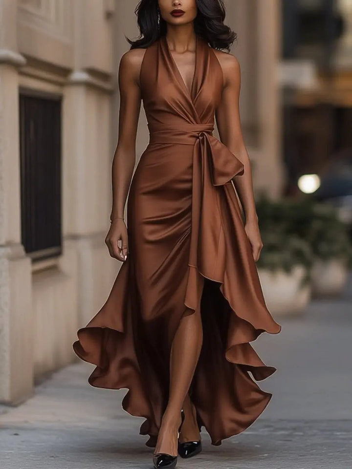 Vivienne | Halter Wrap Evening Dress with High Low Hem