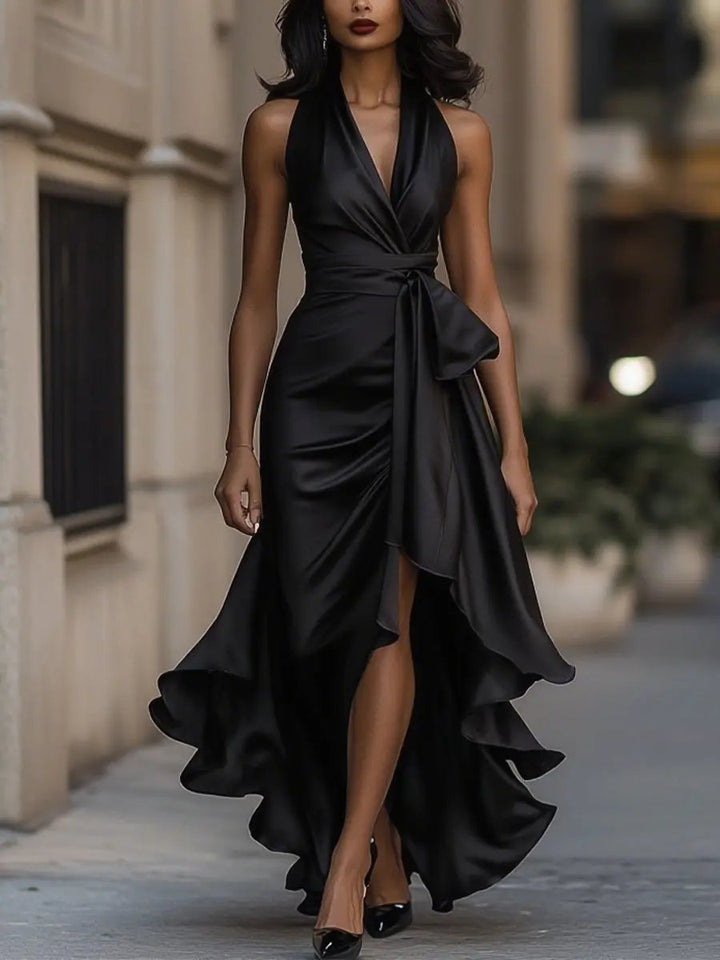 Vivienne | Halter Wrap Evening Dress with High Low Hem