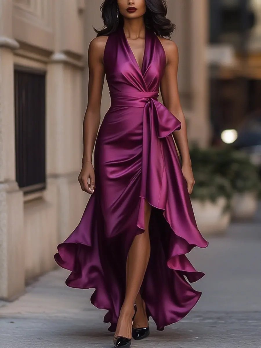 Vivienne | Halter Wrap Evening Dress with High Low Hem