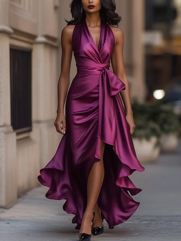 Vivienne | Halter Wrap Evening Dress with High Low Hem