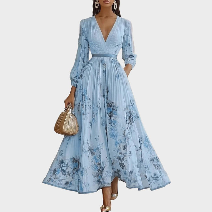 Delphina | V-Neck Pleated Floral Maxi Dress