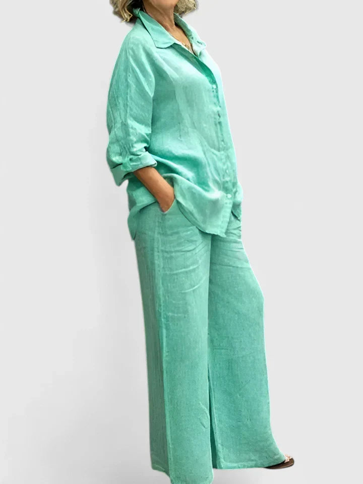 Sophia | Women's Button Up Shirt and Wide Leg Pants Set