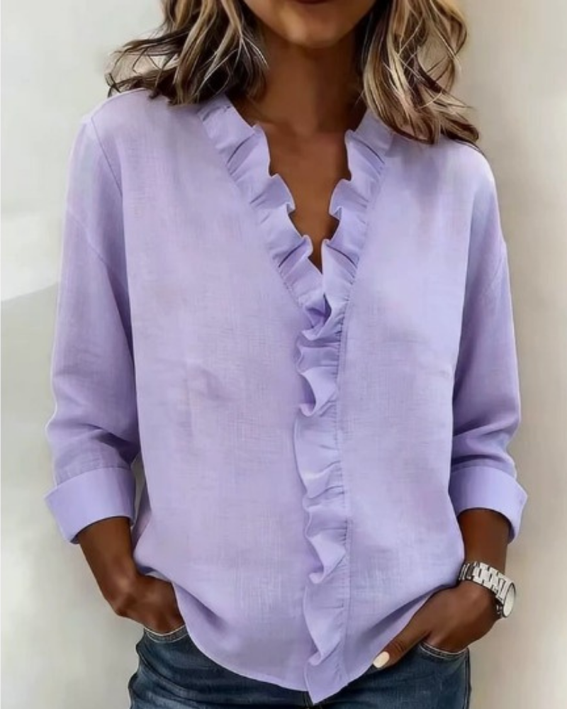 Charlotte | V Neck Long Sleeve Blouse with Ruffle Detail
