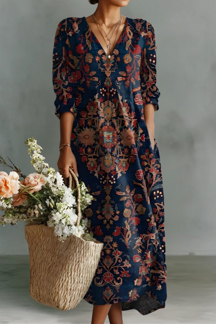 Hazel | Linen V Neck Long Sleeve Midi Dress with Pockets